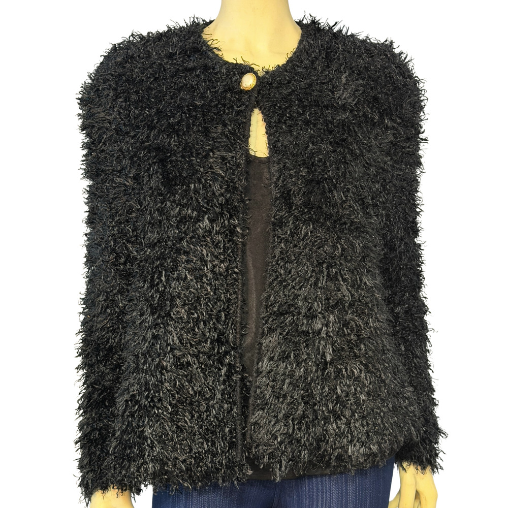 Vtg 90s Side Effects Black Fuzzy Cardigan Single Button Shaggy Knit Mall Girl